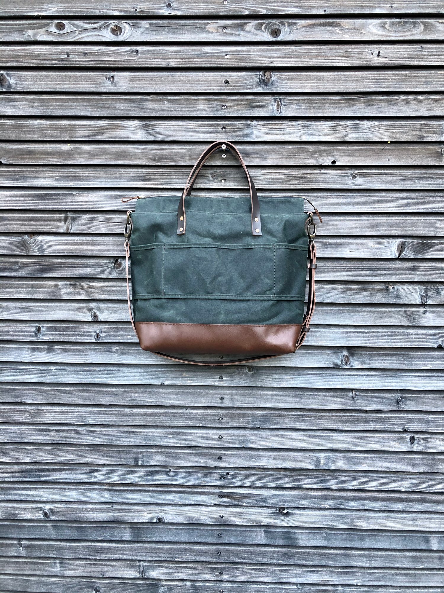 Image of Waxed canvas tote bag / office bag with luggage handle attachment leather handles and shoulder strap