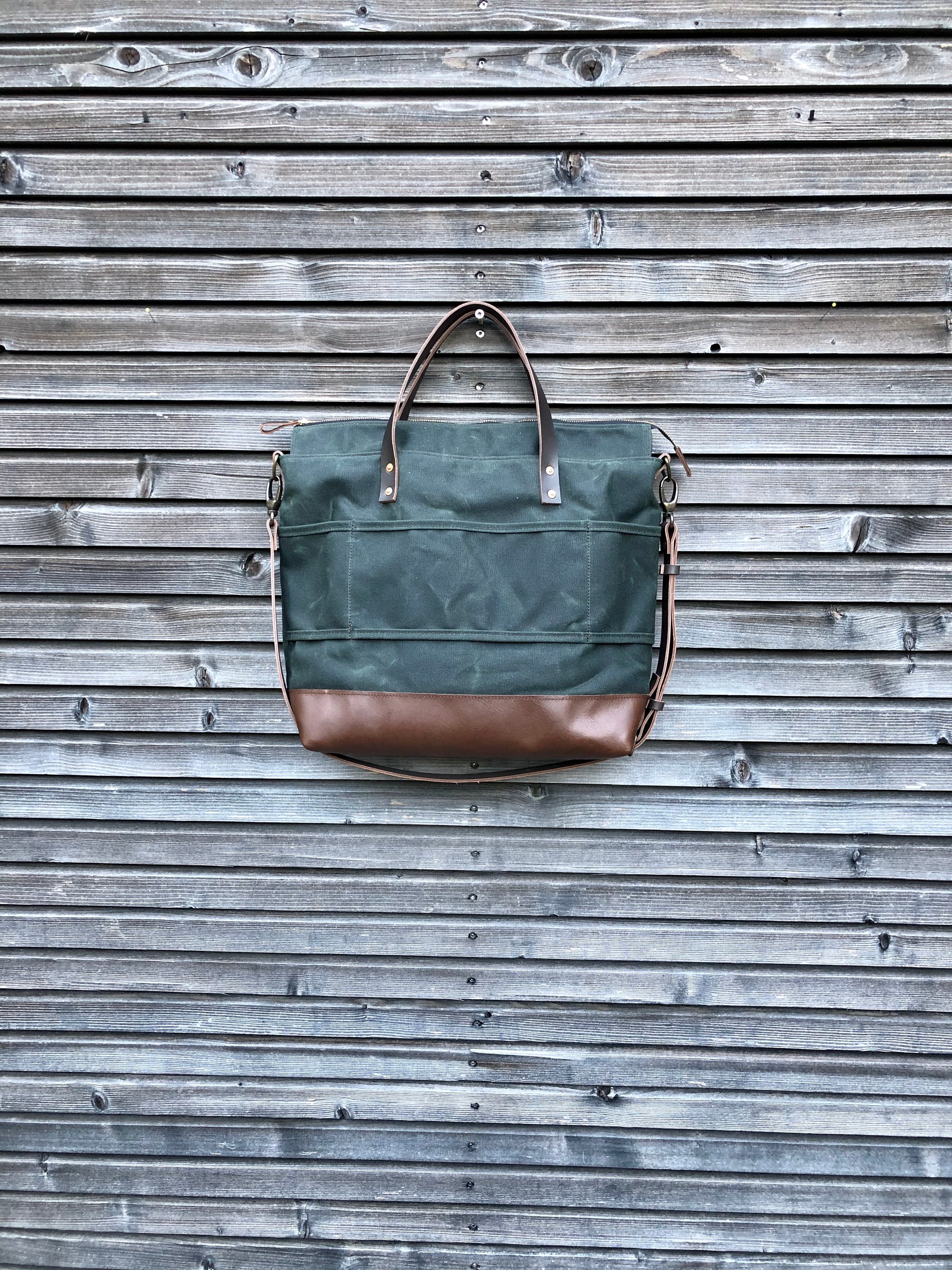 Waxed canvas tote bag office bag with luggage handle attachment leather handles and shoulder strap Treesizeverse