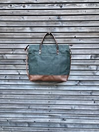 Image 3 of Waxed canvas tote bag / office bag with luggage handle attachment leather handles and shoulder strap