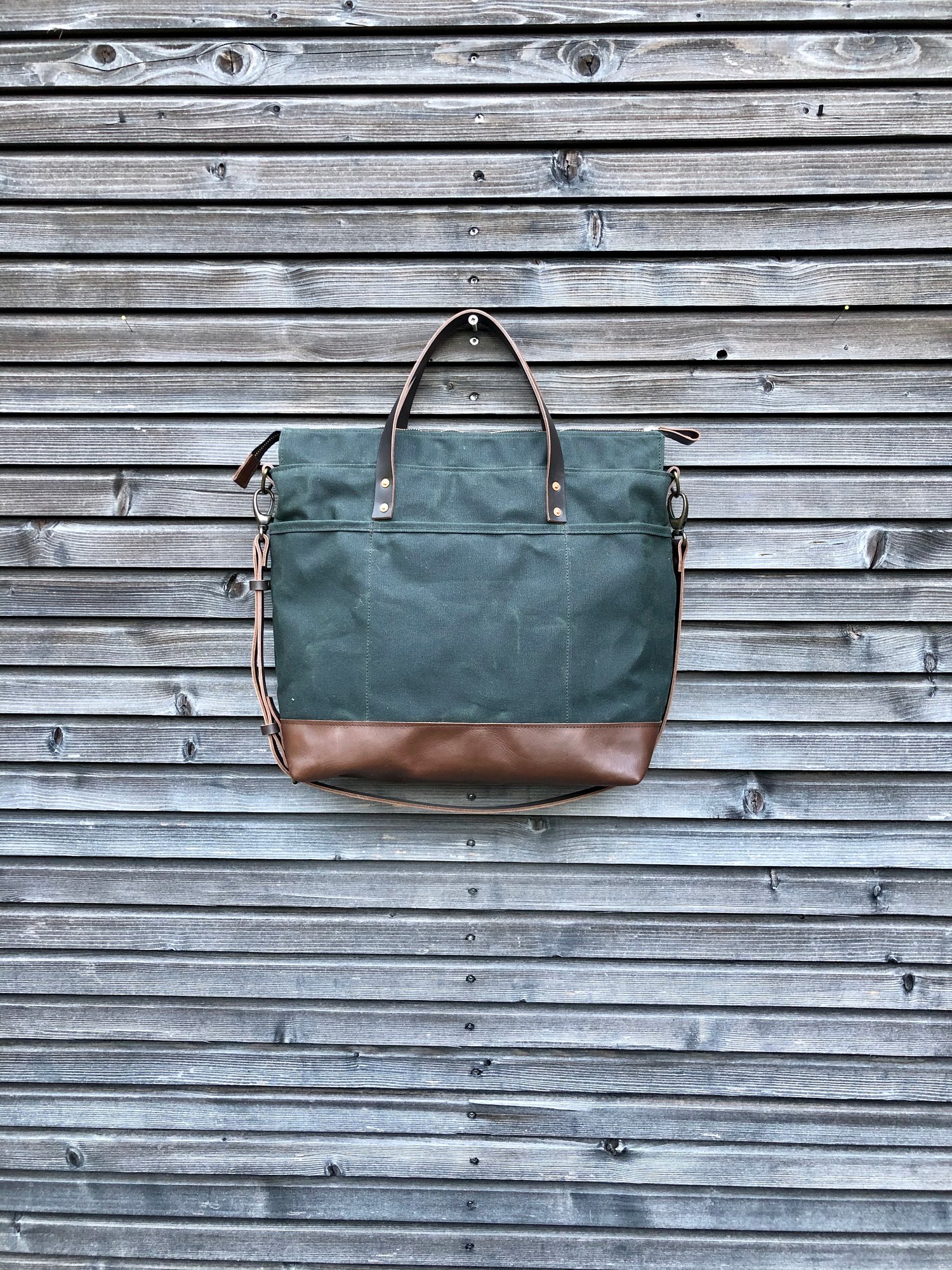 Image of Waxed canvas tote bag / office bag with luggage handle attachment leather handles and shoulder strap