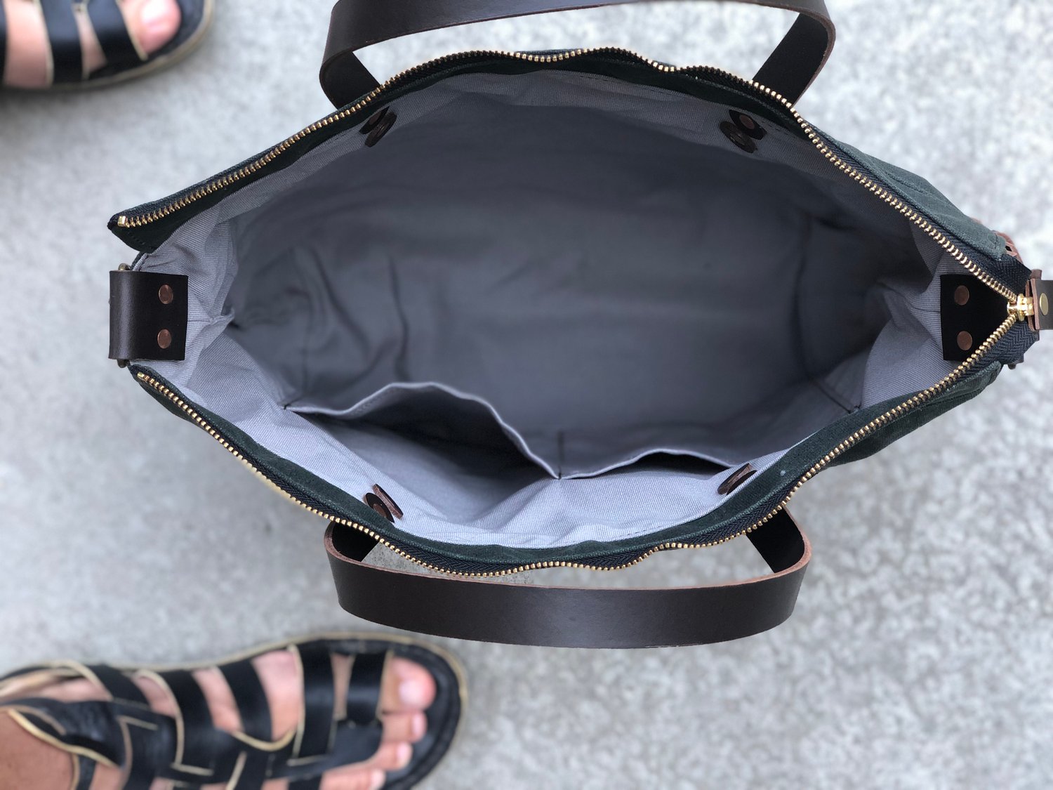 Image of Waxed canvas tote bag / office bag with luggage handle attachment leather handles and shoulder strap