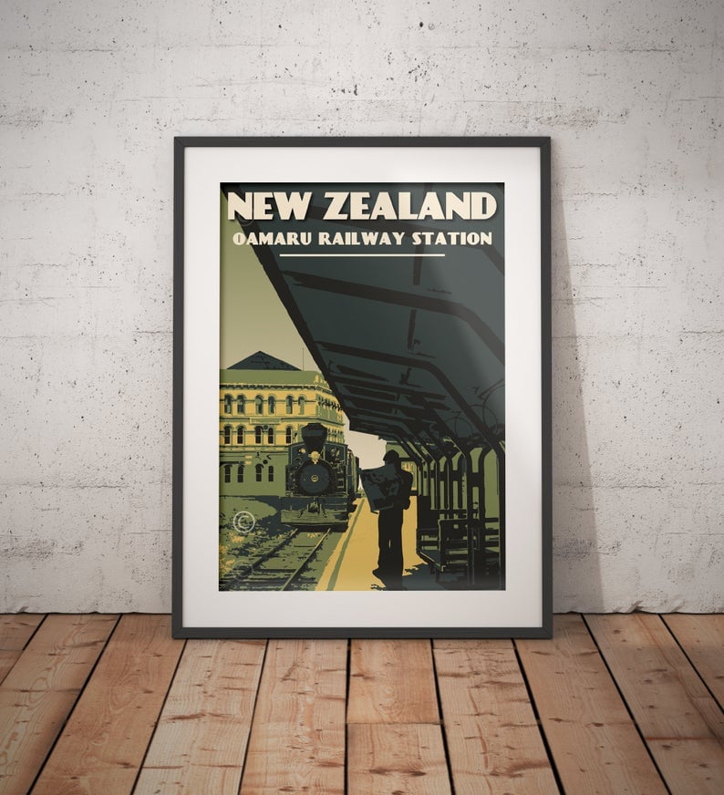 Image of Vintage poster New Zealand Oamaru | Old Railway Station | Retro Art Poster | Locomotive | Train