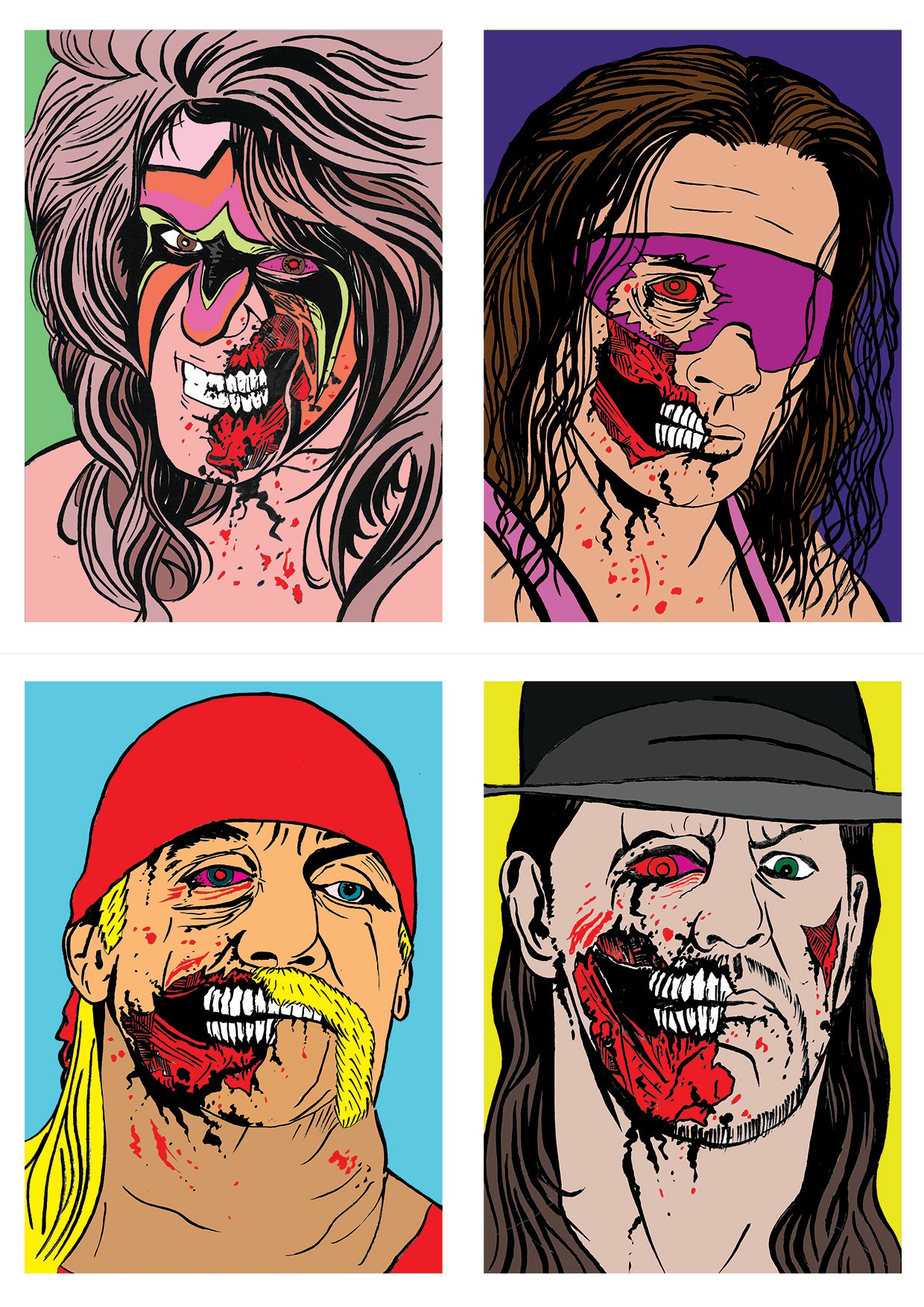 Wrestling Zombies Set Of 4 Signed A5 Prints