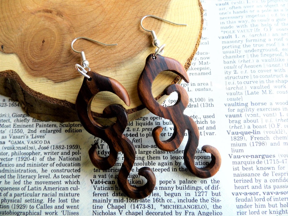 Wood Earrings Drop Dangle Silver Spiral Long