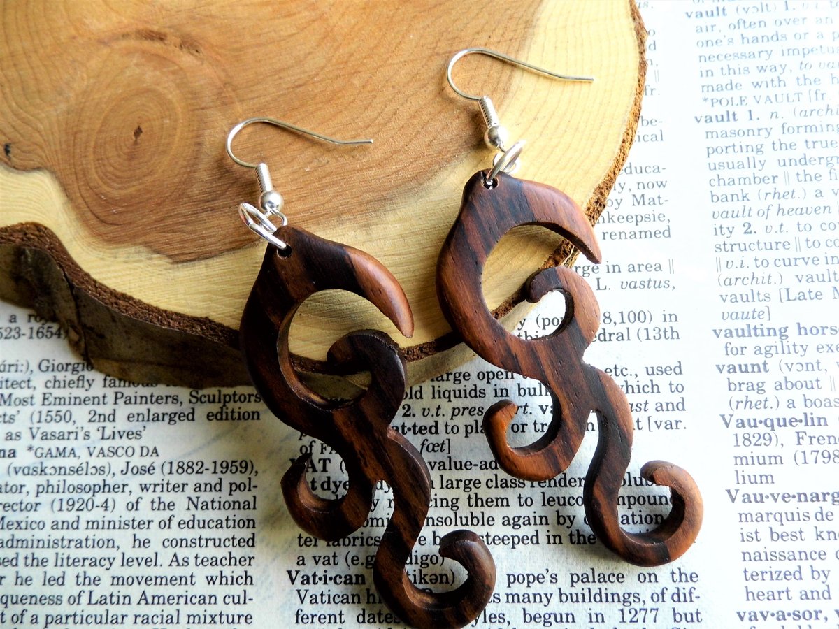 Wood Earrings Drop Dangle Silver Spiral Long