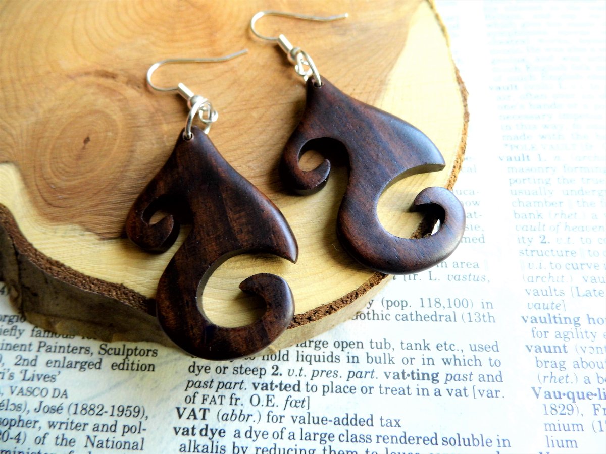 Womens Small Wood Dangle Drop Hoop Earrings 