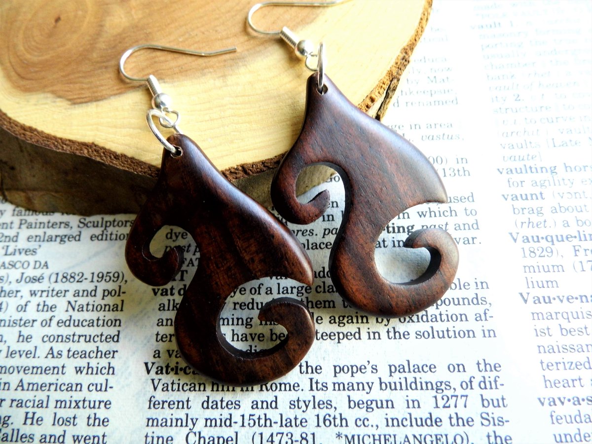 Womens Small Wood Dangle Drop Hoop Earrings 
