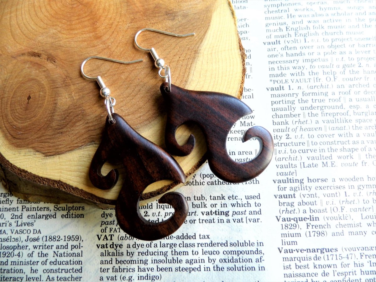 Womens Small Wood Dangle Drop Hoop Earrings 