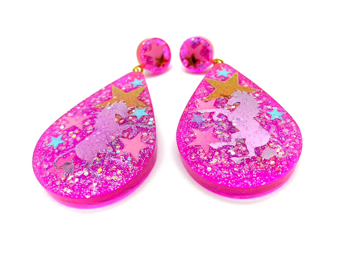 Image of Unicorn Magic Drop Statement earrings Neon Pink