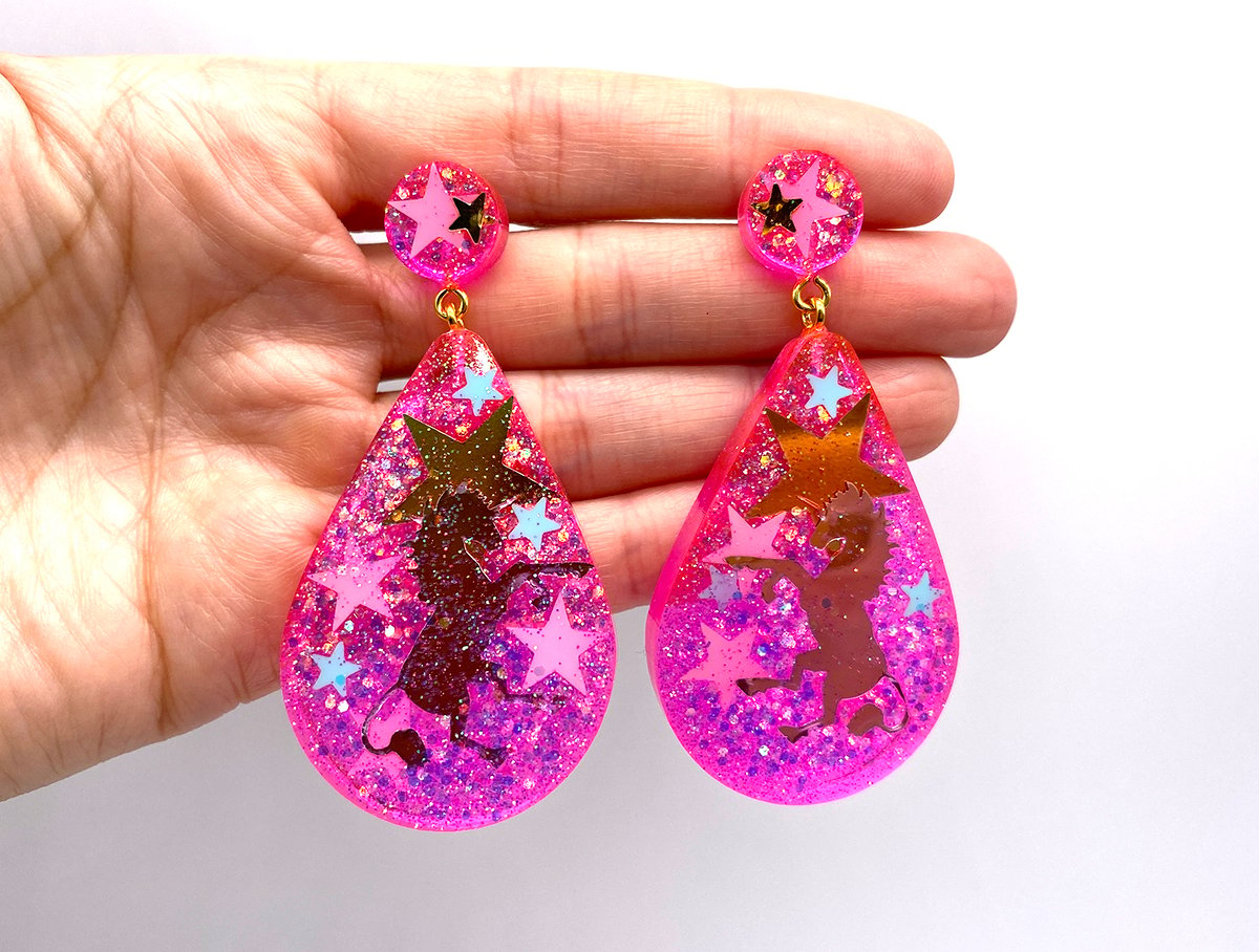 Image of Unicorn Magic Drop Statement earrings Neon Pink