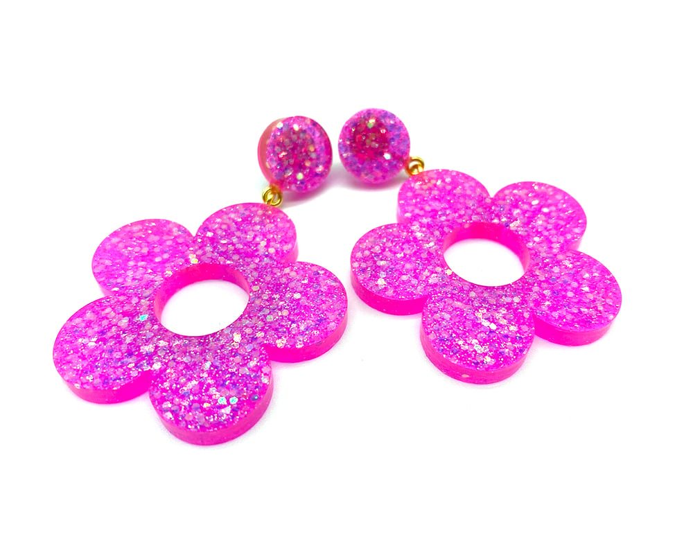 Image of Neon Pink Flower Power Statement Earrings