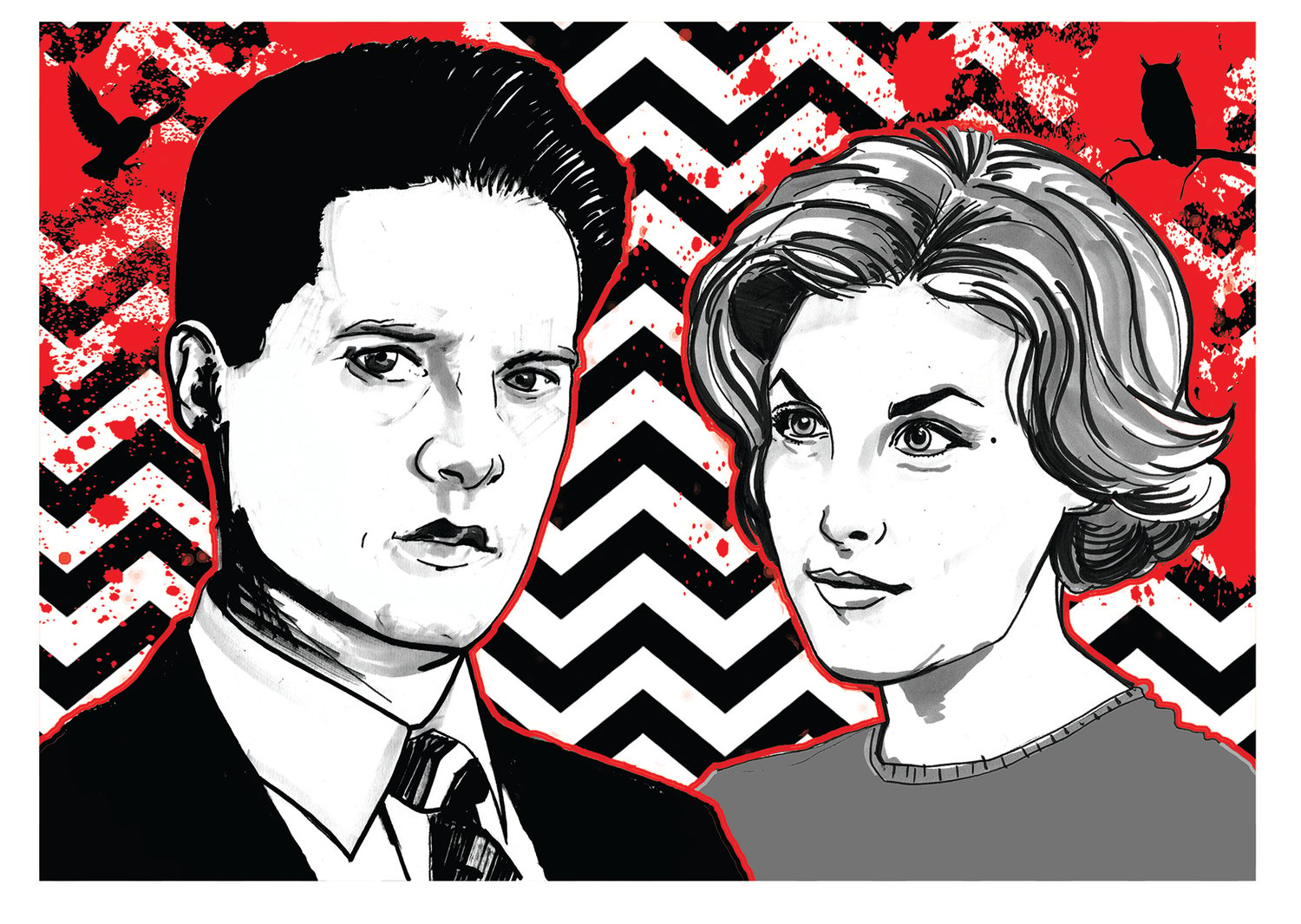 Twin Peaks 'Cooper and Audrey' Comic illustration A4 Signed Print