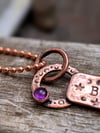 Be Still upcycled rustic copper & amethyst mantra pendant 