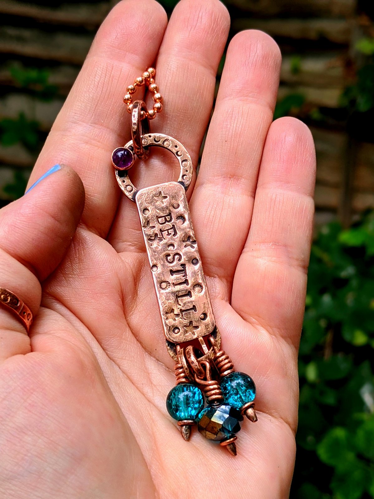 Be Still upcycled rustic copper & amethyst mantra pendant 