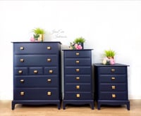 Image 1 of Vintage Stag Minstrel Bedroom Furniture. Tallboy, Chest Of Drawers and Bedside Table in Navy Blue 