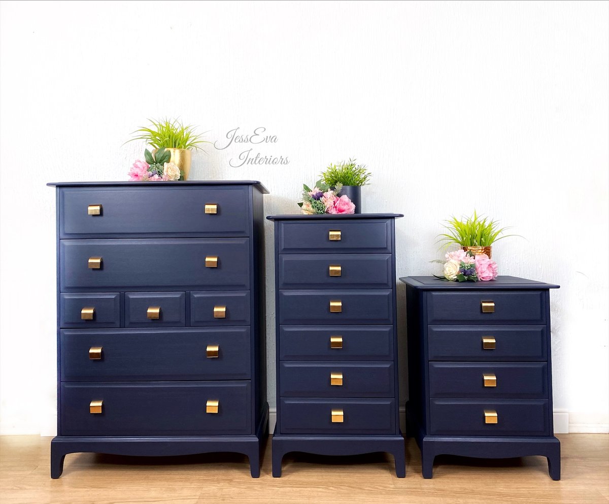 Vintage Stag Minstrel Bedroom Furniture Tallboy Chest Of Drawers And Bedside Table In Navy Blue Jesseva Interiors