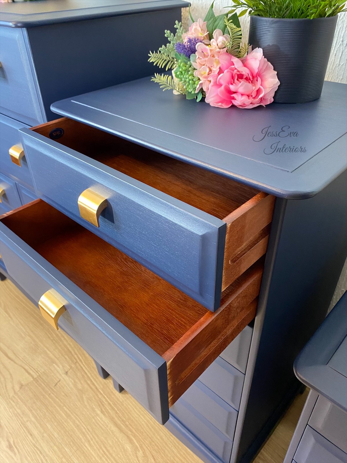 Vintage Stag Minstrel Bedroom Furniture. Tallboy, Chest Of Drawers and Bedside Table in Navy Blue 