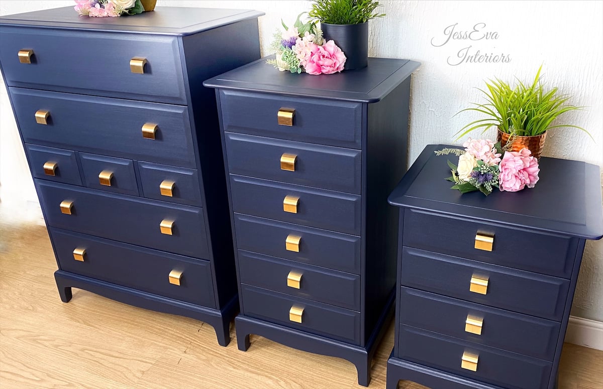 Vintage Stag Minstrel Bedroom Furniture. Tallboy, Chest Of Drawers and Bedside Table in Navy Blue 
