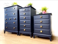 Image 3 of Vintage Stag Minstrel Bedroom Furniture. Tallboy, Chest Of Drawers and Bedside Table in Navy Blue 