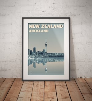 Image of Vintage poster New Zealand Auckland City Skyline | Wall Art decor | Cityscape | Blue
