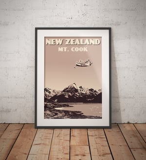 Image of Vintage poster New Zealand Mount Cook | Lake Pukaki | Wall Art decor | Seaplane | Honeymoon