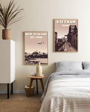 Image of Vintage poster New Zealand Mount Cook | Lake Pukaki | Wall Art decor | Seaplane | Honeymoon