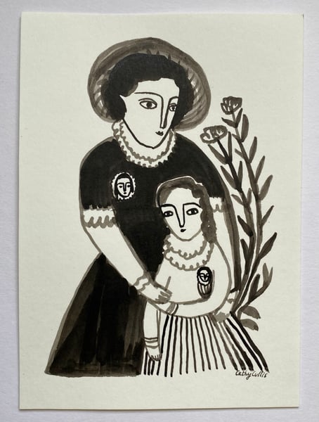 Image of a gentle family - original ink drawing 