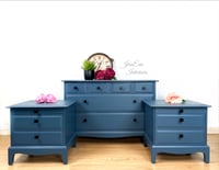 Image 1 of Stag Minstrel Bedroom Furniture Set Chest of Drawers and Bedside Cabinets Painted in Blue