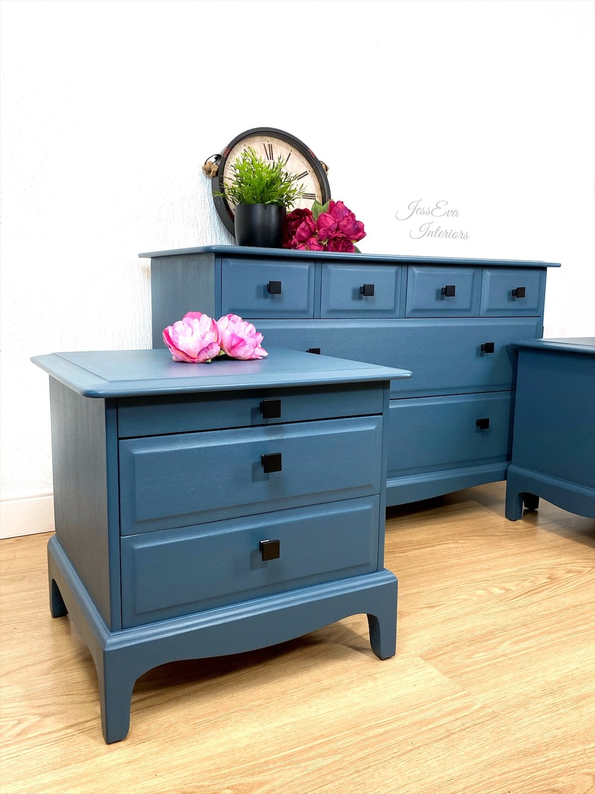 Stag Minstrel Bedroom Furniture Set Chest of Drawers and Bedside Cabinets Painted in Blue