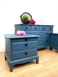 Image 2 of Stag Minstrel Bedroom Furniture Set Chest of Drawers and Bedside Cabinets Painted in Blue