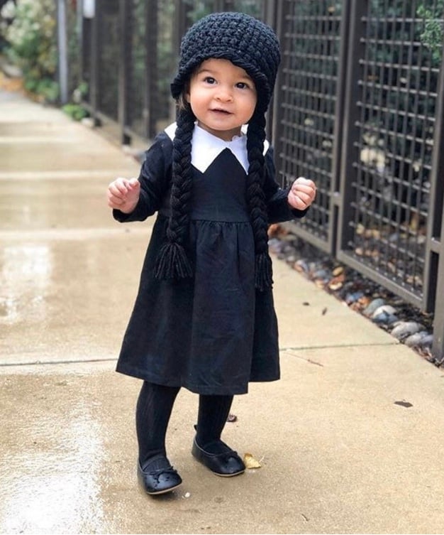 Wednesday Addams Inspired Crochet Wig Yarn Hat Black Braids for Infant Toddler Child