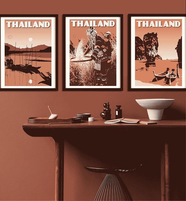 Image of Thailand Print Set | Set of 3 Prints | Phang Nga Bay | Ethnic Tribe | Earthy Tones | Terracota