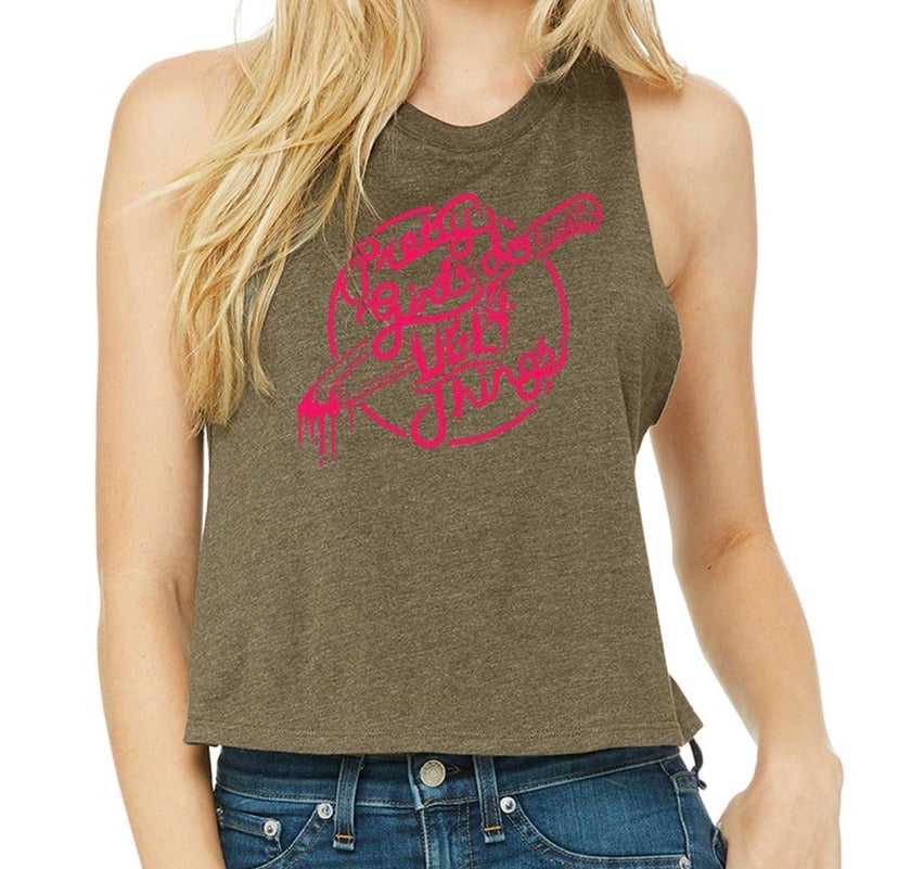 Image of Pretty In Pink Olive Green crop racer back 