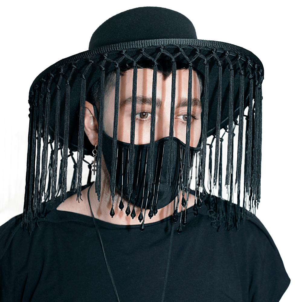 Image of  Long knotted fringe pilgrim hat in black gypsy chic fancy wide brim hat summer gothic