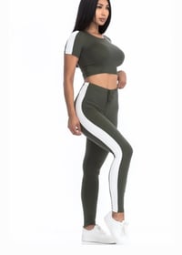 Image 1 of REGULAR SIZE OLIVE 2 PIECE SET WIDE WHITE STRIP 