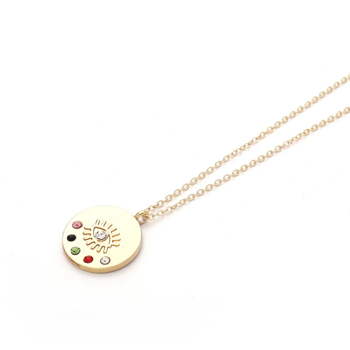 Image of Yellow Gold, Circle Eye Pendant Gem Necklace