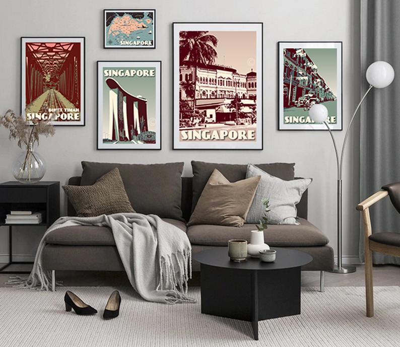 Image of Singapore Print Set | Set of 5 Prints | Raffles Hotel | Singapore Map | Bukit Timah Marina Bay Sands