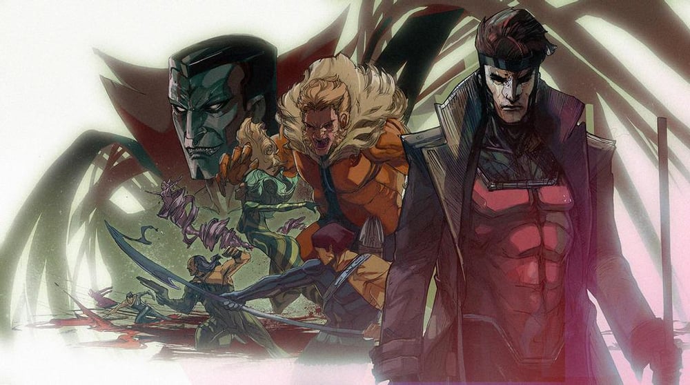 8 by 24 inch print of gambit and rogue  and families 