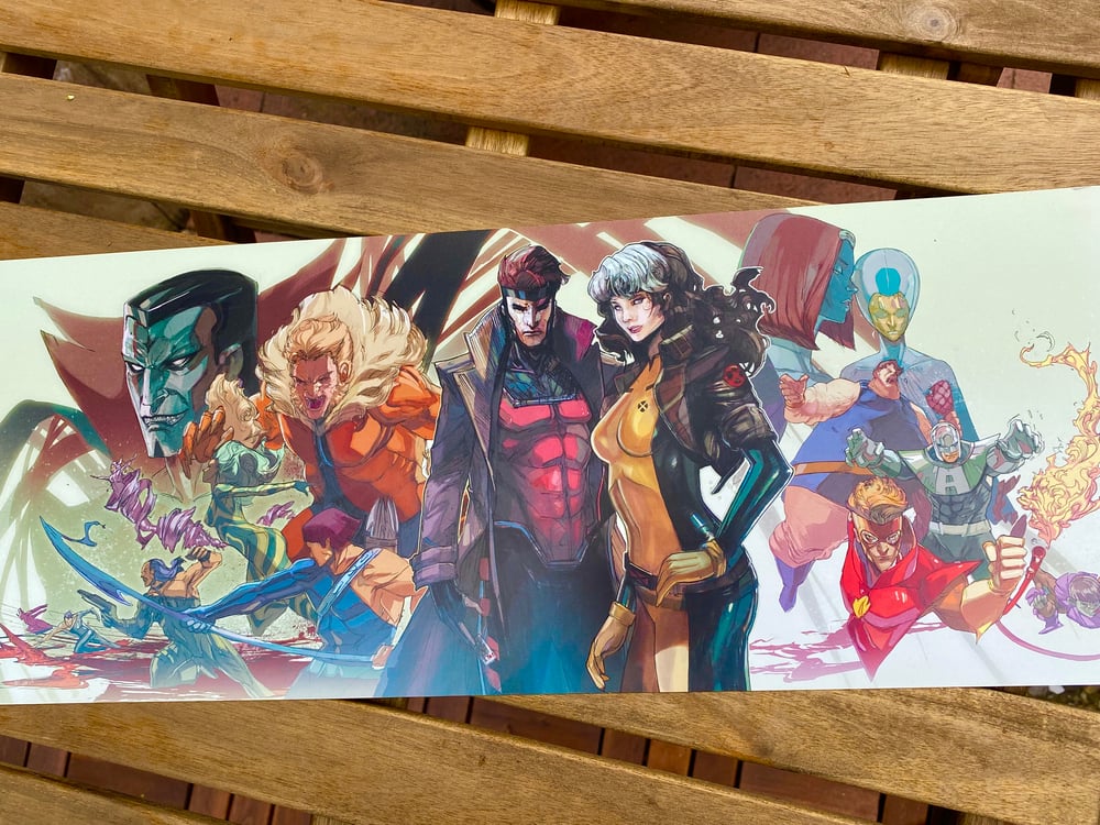 8 by 24 inch print of gambit and rogue  and families 