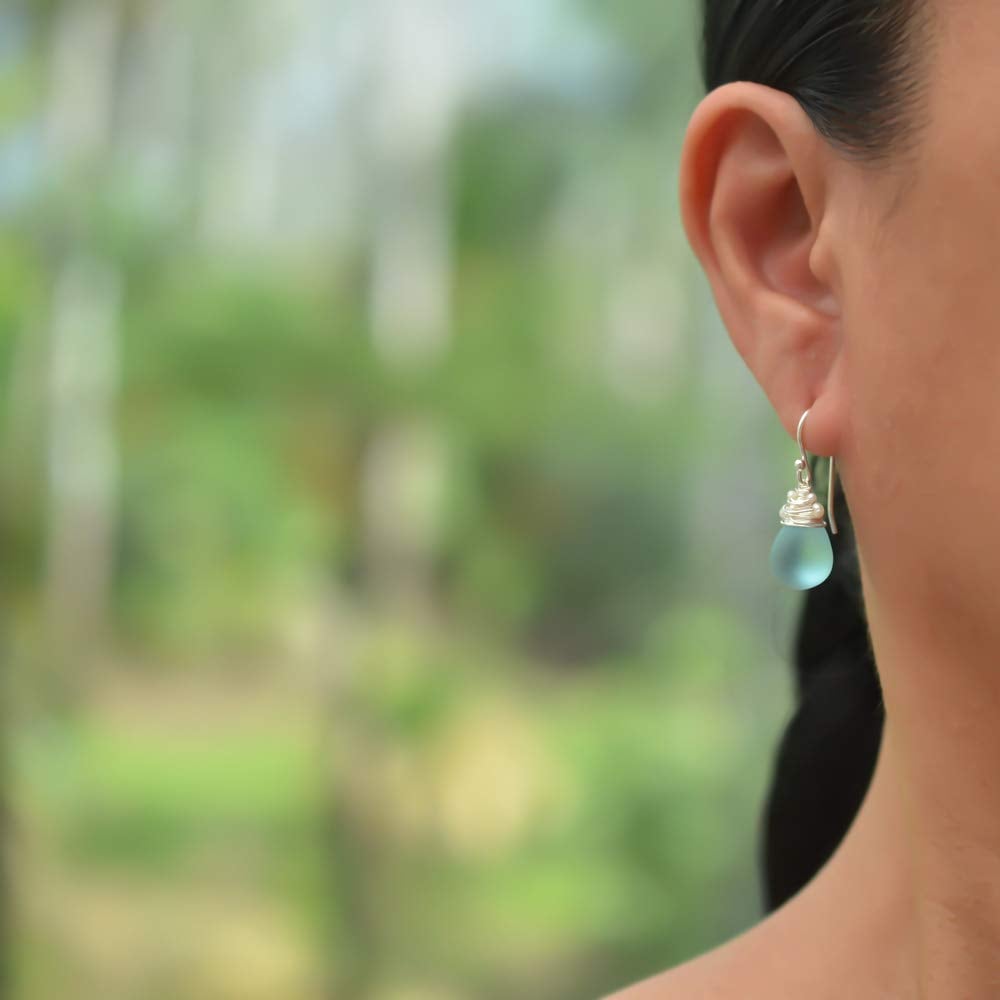 Image of Aqua Blue Earrings Frosted Glass Cultured Freshwater Seed Pearls Sterling Silver 