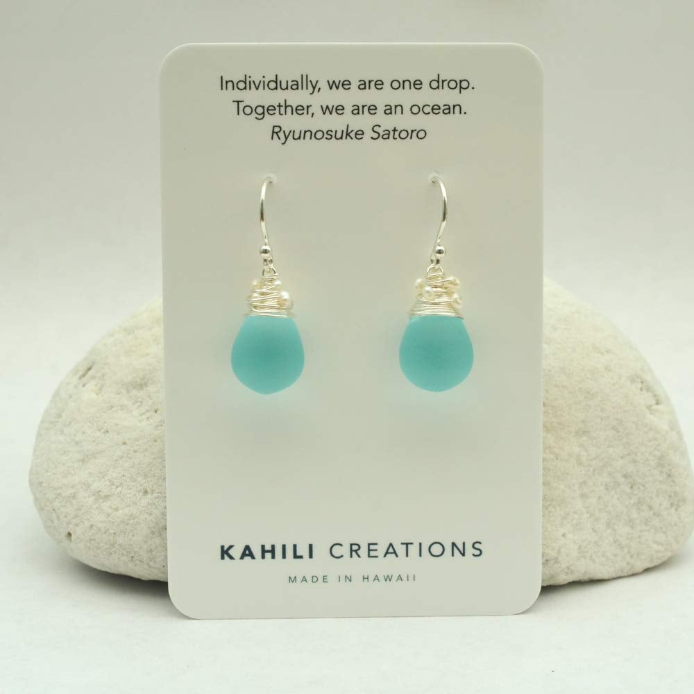 Image of Aqua Blue Earrings Frosted Glass Cultured Freshwater Seed Pearls Sterling Silver 