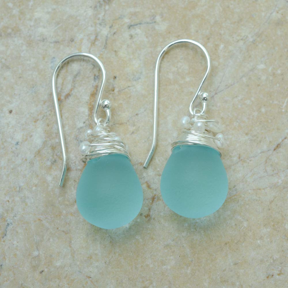 Image of Aqua Blue Earrings Frosted Glass Cultured Freshwater Seed Pearls Sterling Silver 