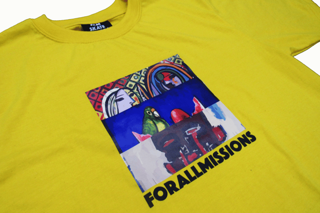 Pastel yellow T-shirt with colorful collage-style print