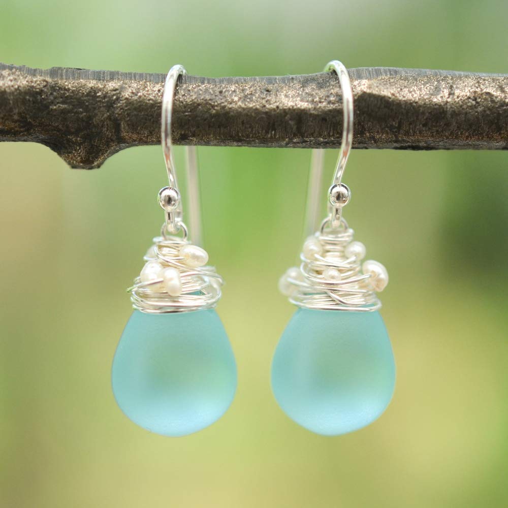 Image of Aqua Blue Earrings Frosted Glass Cultured Freshwater Seed Pearls Sterling Silver 