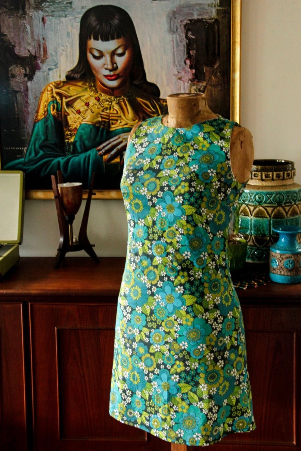 Yesterday Mini dress in Flower power print in Blue/ green