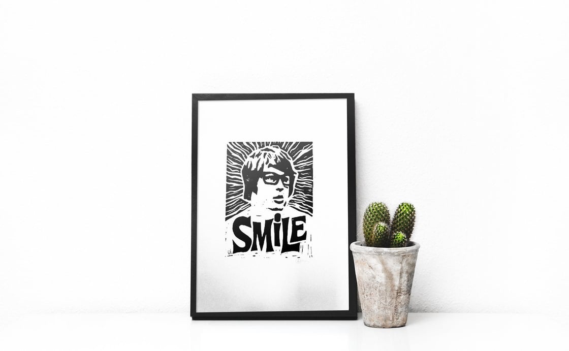 Image of Brian Wilson. Beach Boys. Smile. Hand Made. Original linocut print.