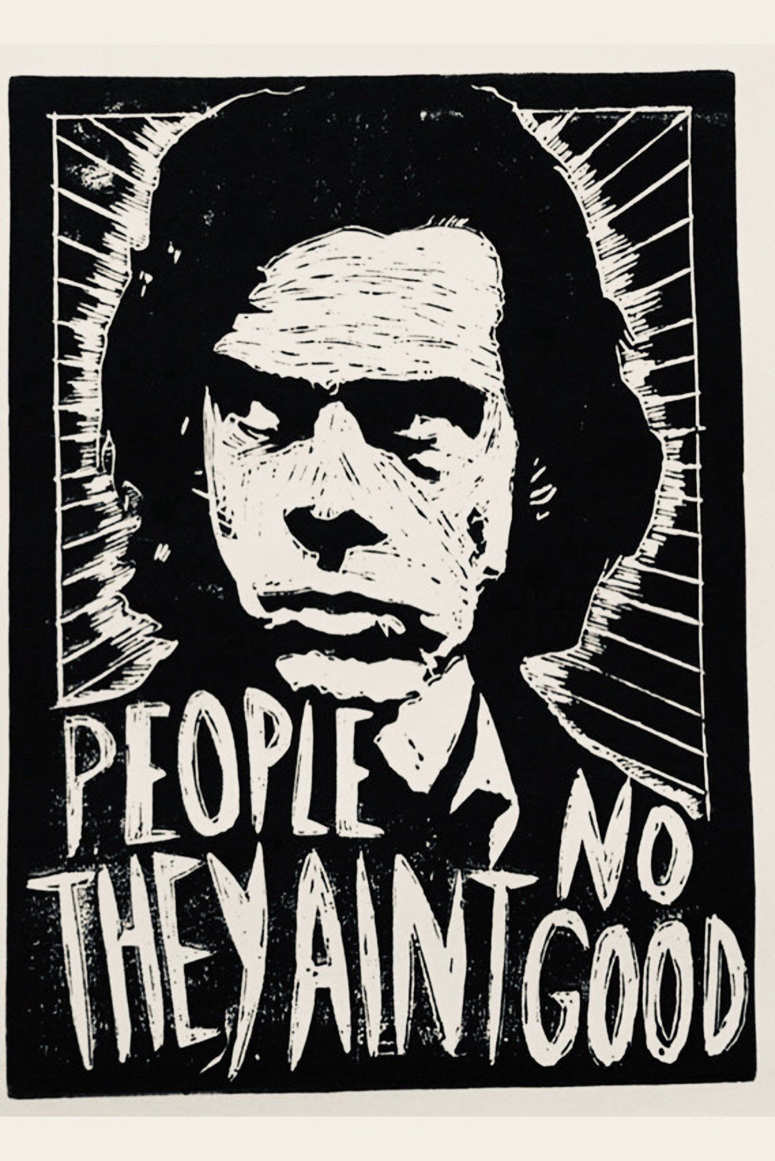 Image of Nick Cave. Hand Made. Original A4 linocut print. Limited and Signed. Art.