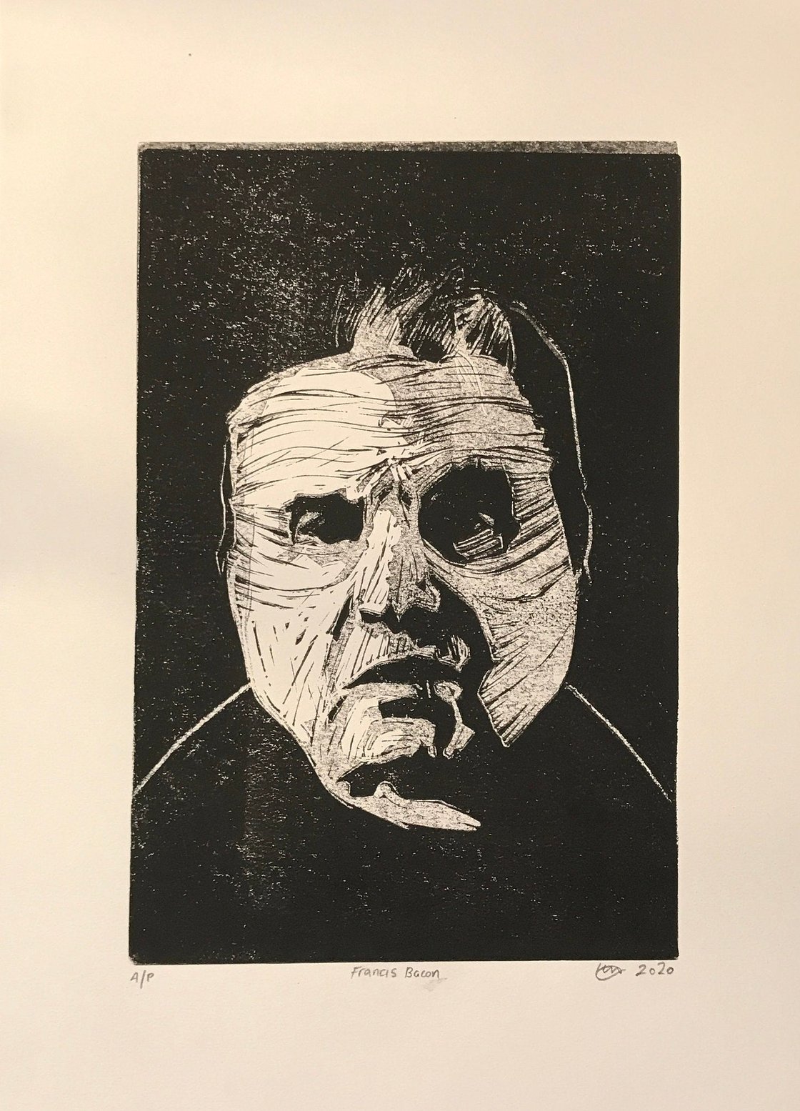 Image of Francis Bacon. Original lino cut print. A4 acid free paper. Artists Proof.