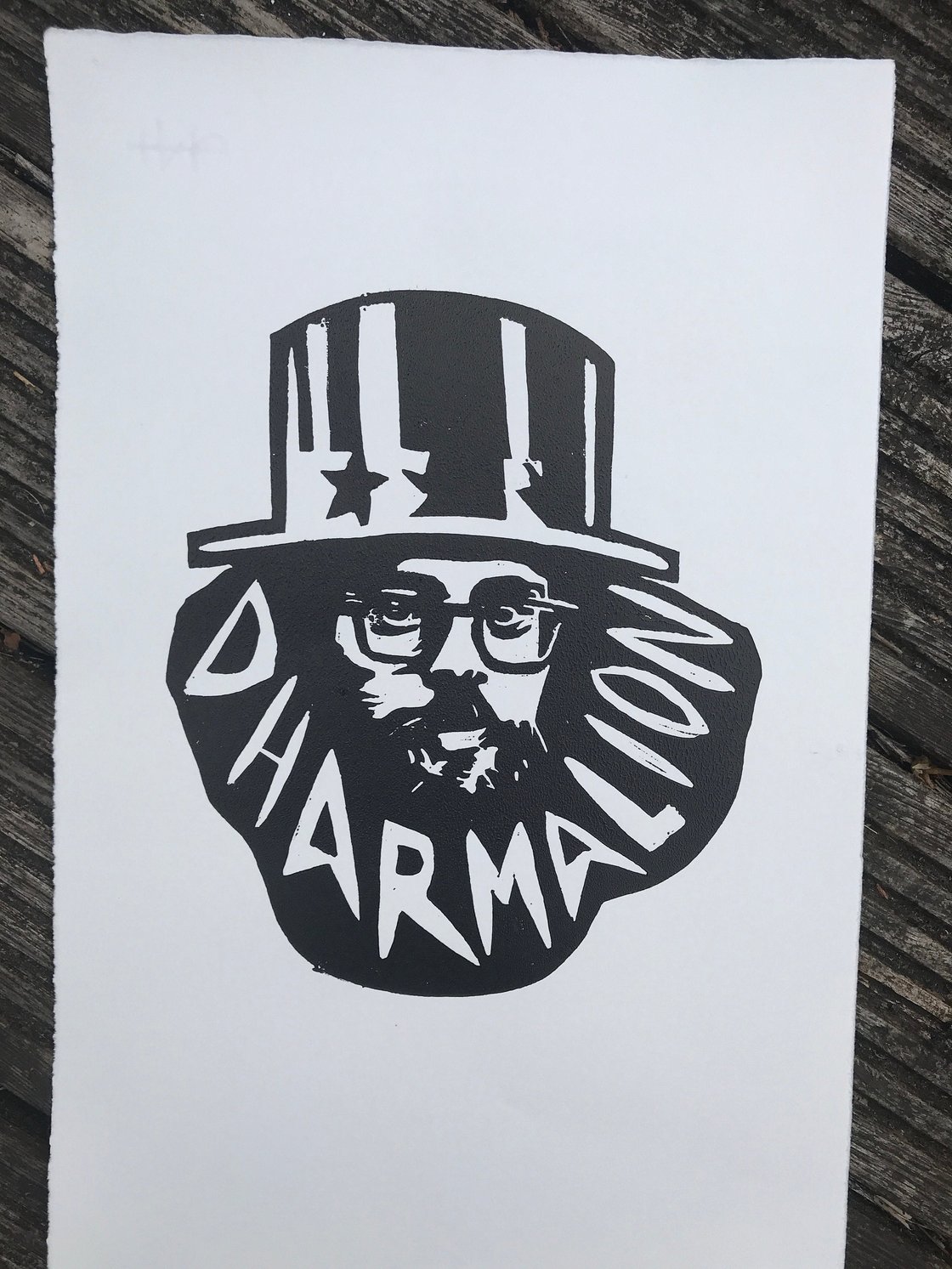Image of Allen Ginsberg. Dharma Lion. Hand Made. Original A3 linocut print on Zerkall paper.