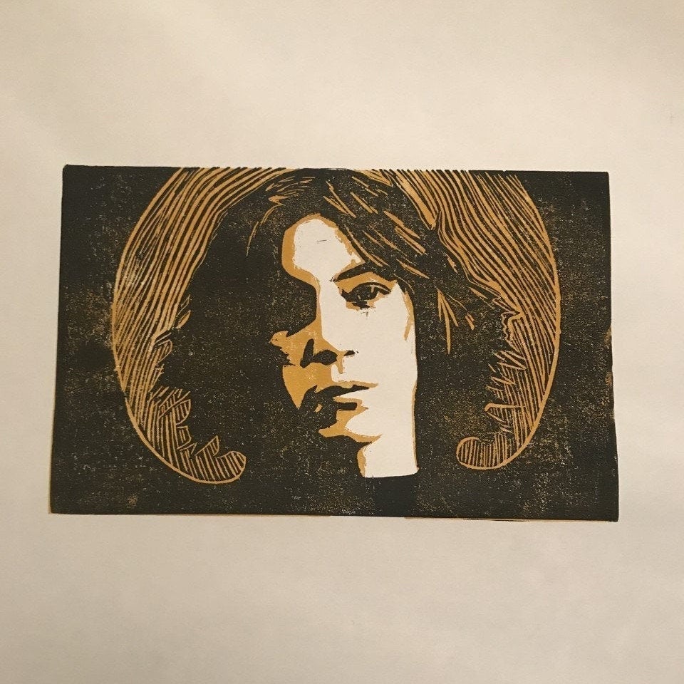Image of Patti Smith. Hand Made. Artists Proof. Original A4 linocut print. Limited and Signed. Art.